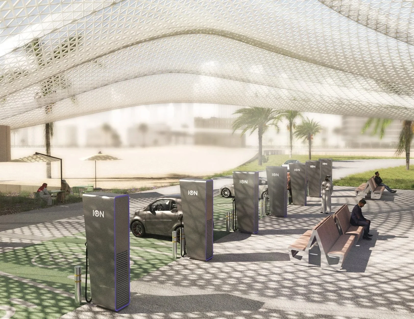 Interior canopy view within the Dubai Charging Hub.