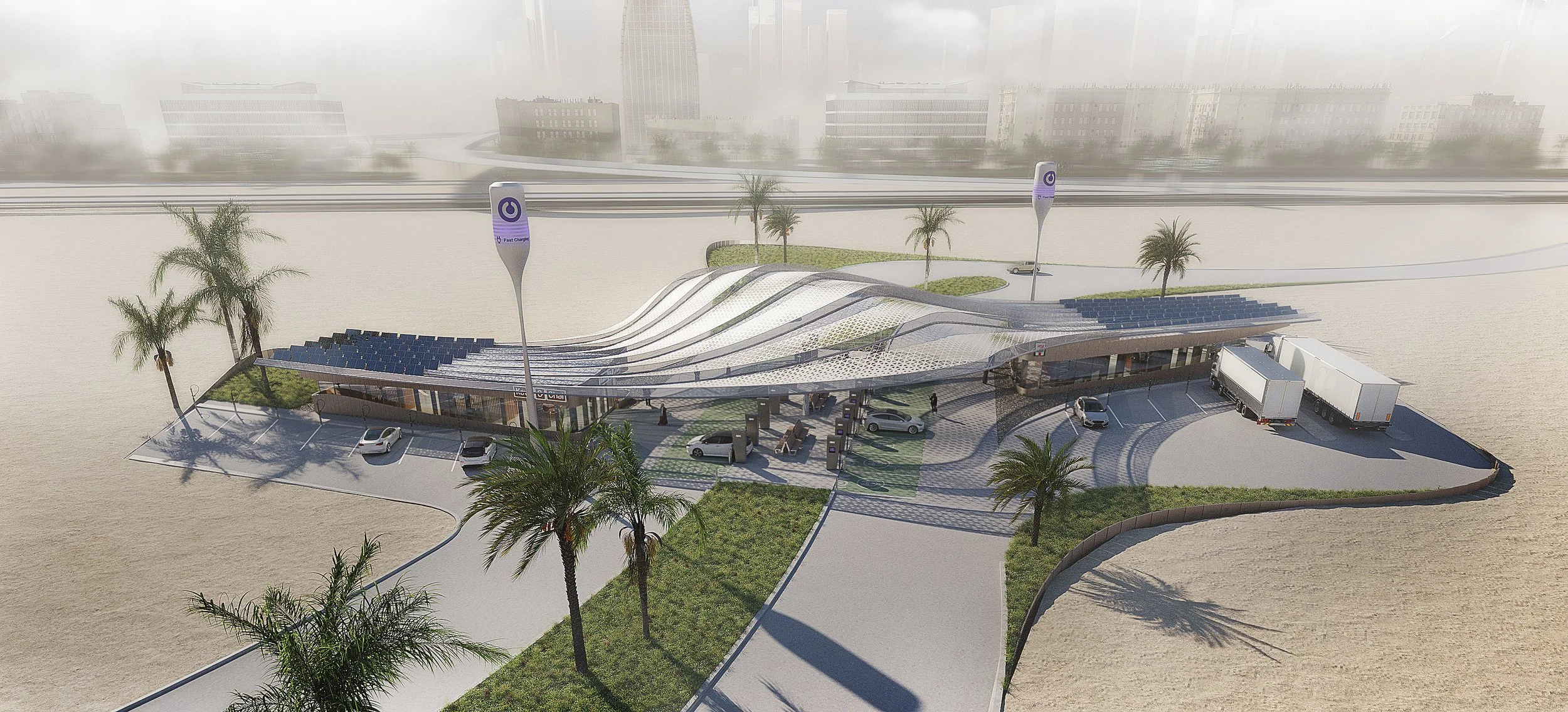 Daytime aerial view of the Dubai Charging Hub.