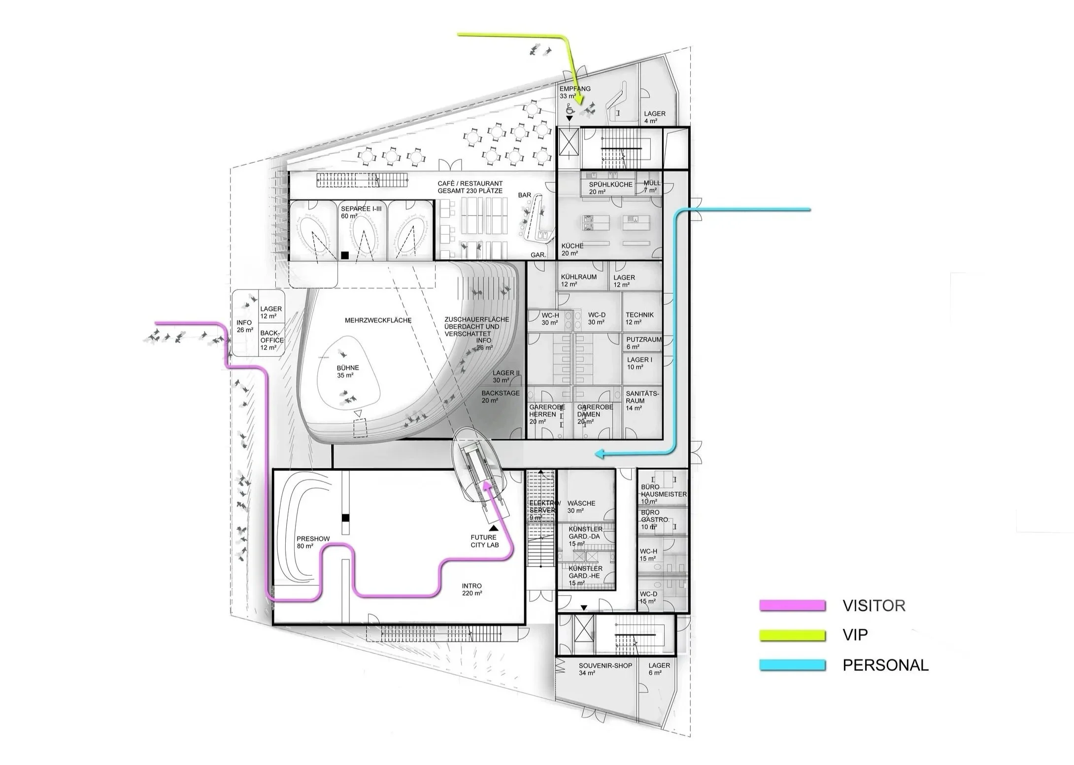 Diagrammatic architectural plan illustrating spatial organization within the EXPO 2020 German Pavilion.