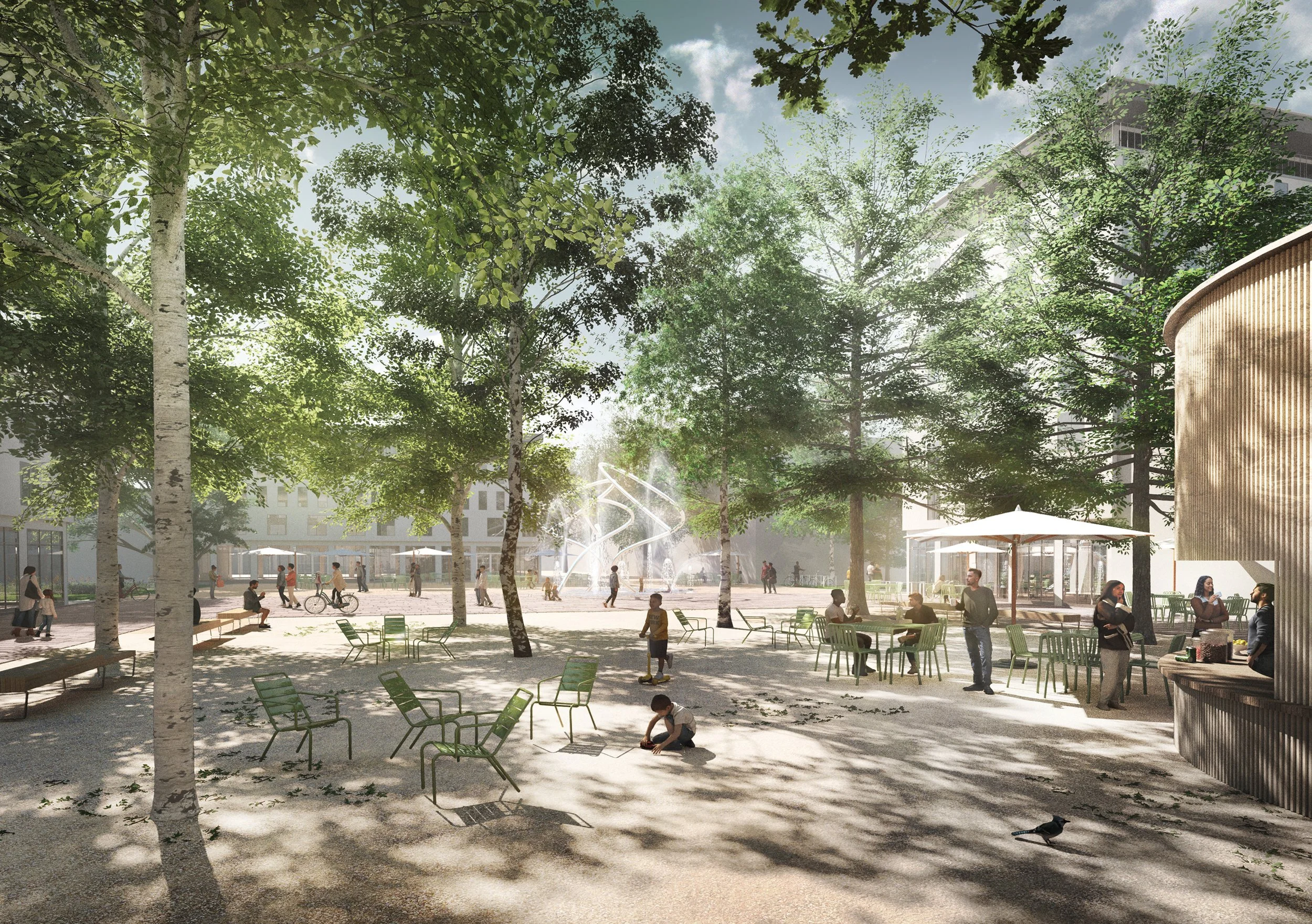 Landscape architecture visualization of the Oberbillwerder Quartiersplatz featuring a shading tree canopy, kiosk terrace, and central fountain plaza integrated into the public realm.