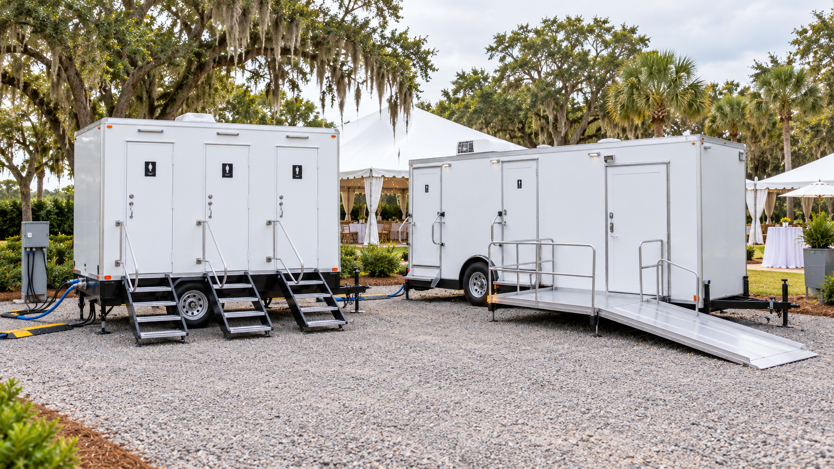 Three-station and ADA-accessible restroom trailers staged side by side with safe utility and service access