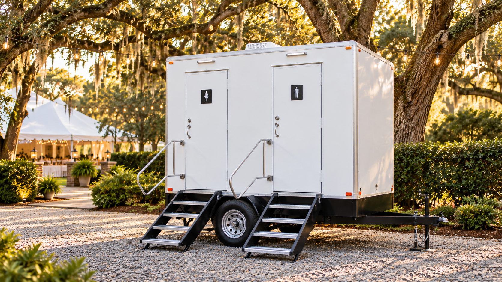 Two-station luxury restroom trailer staged at an outdoor Charleston wedding venue