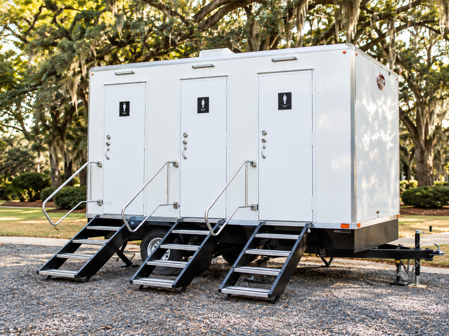 Comfort three-station restroom trailer for Charleston and Lowcountry events