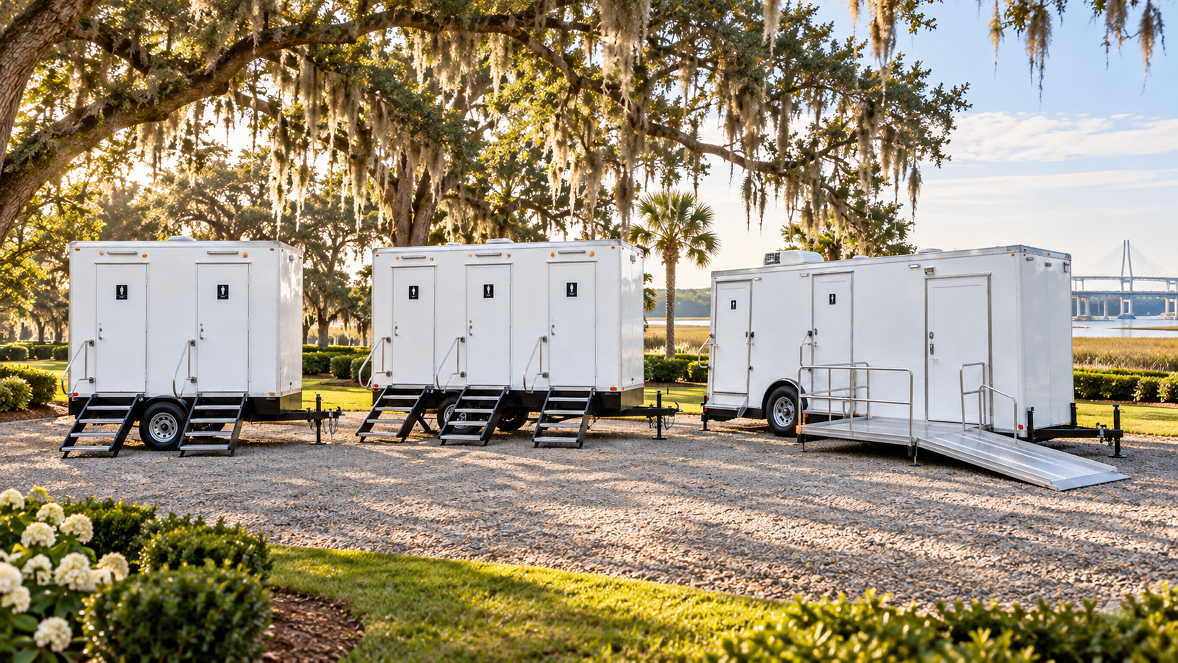 Two-station, three-station and ADA-accessible restroom trailers staged together in the South Carolina Lowcountry