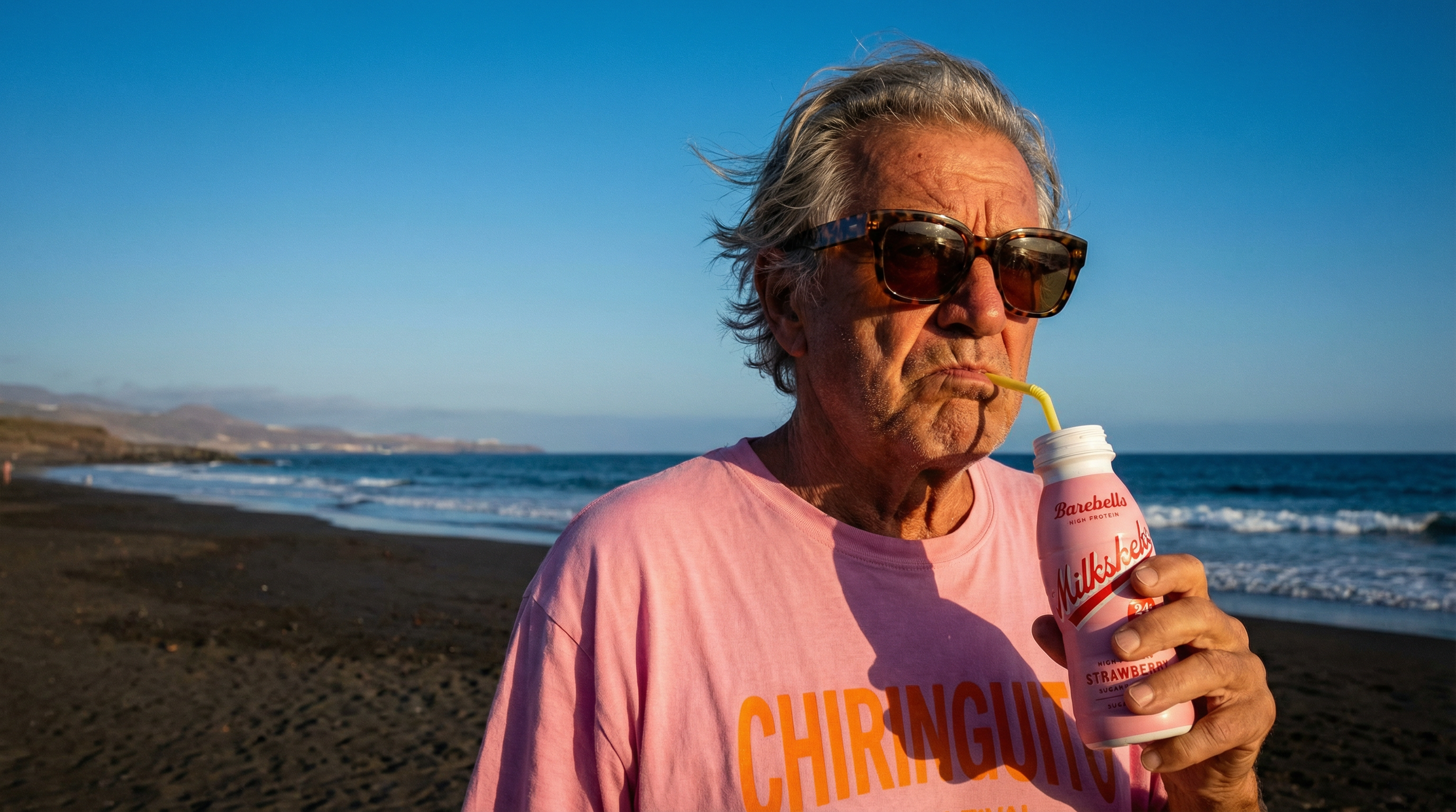 An elderly man with gray hair and sunglasses drinking a strawberry milkshake through a yellow straw on a beach during sunset.