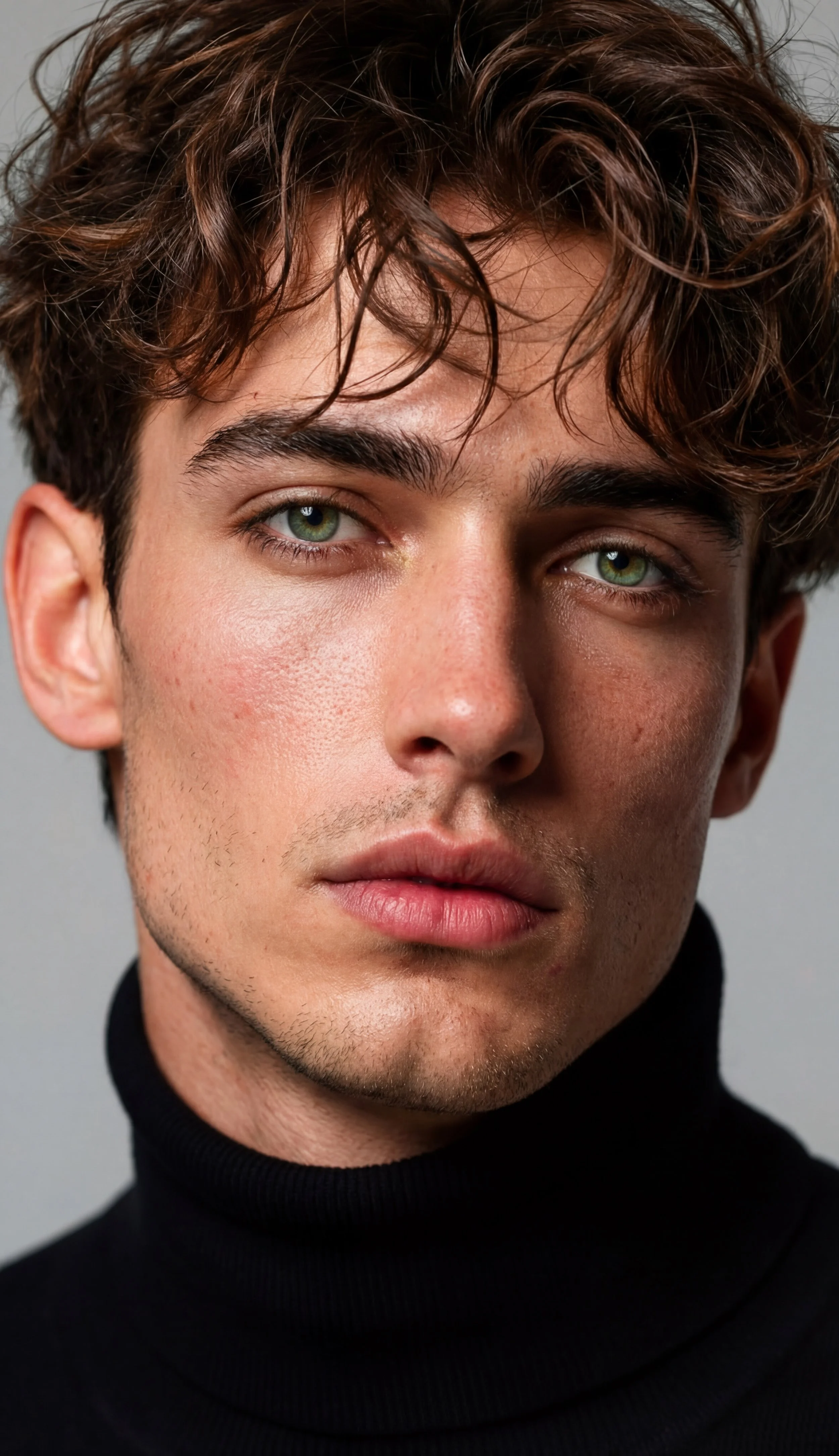 Close-up of a young man with curly brown hair, hazel eyes, and light skin, wearing a black turtleneck sweater.