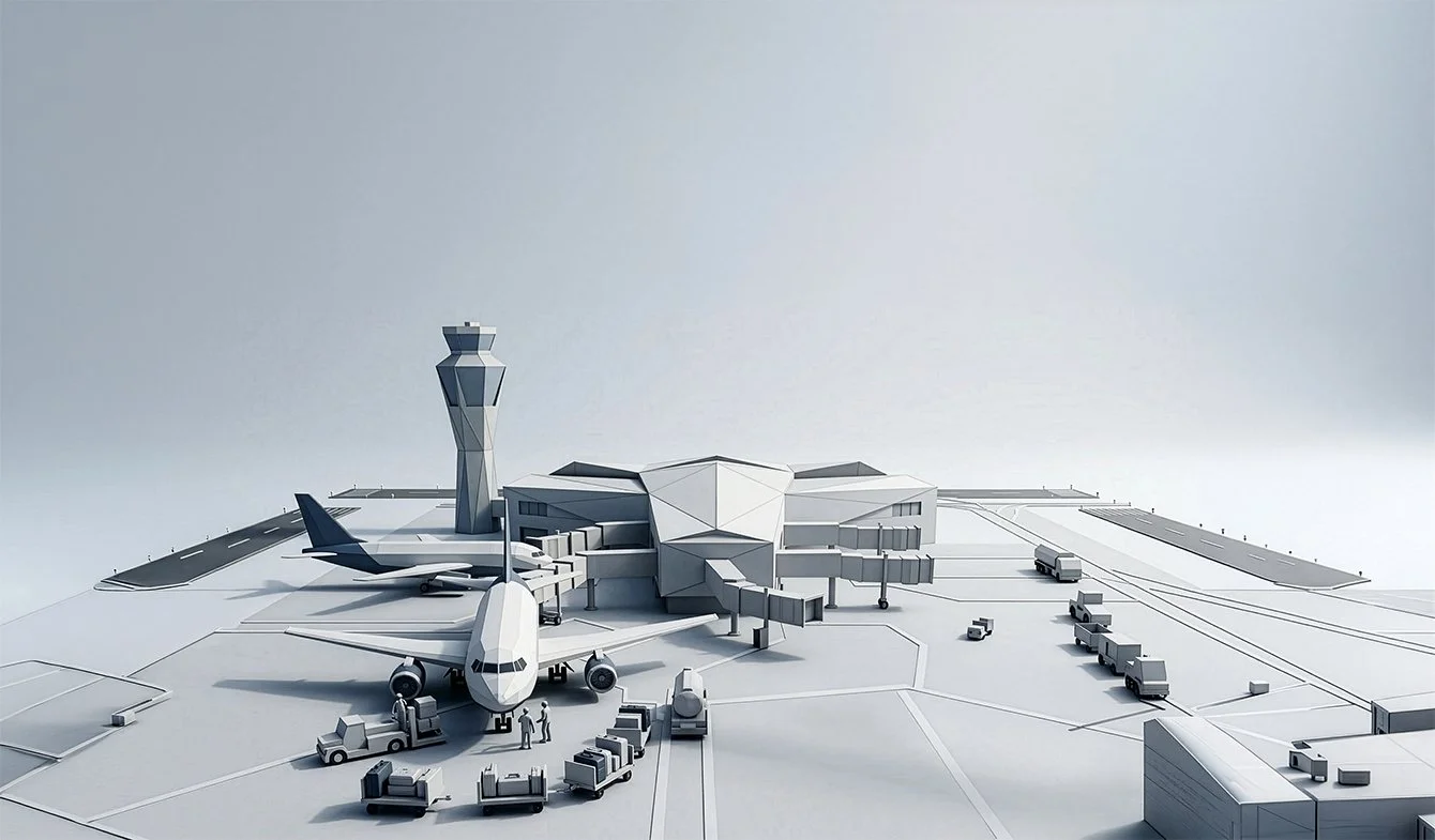 A 3D-rendered model of an airport scene with airplanes at gates, jet bridges connecting to the terminal, airport control tower, vehicles, and the tarmac.