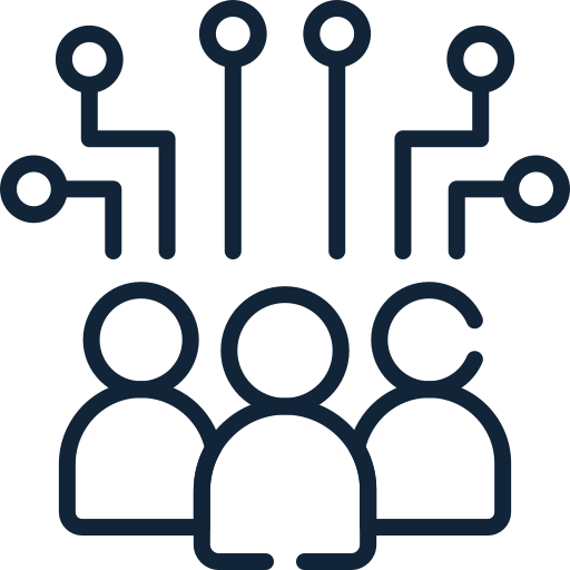Icon of three people with interconnected lines above them, representing a network or collaboration.