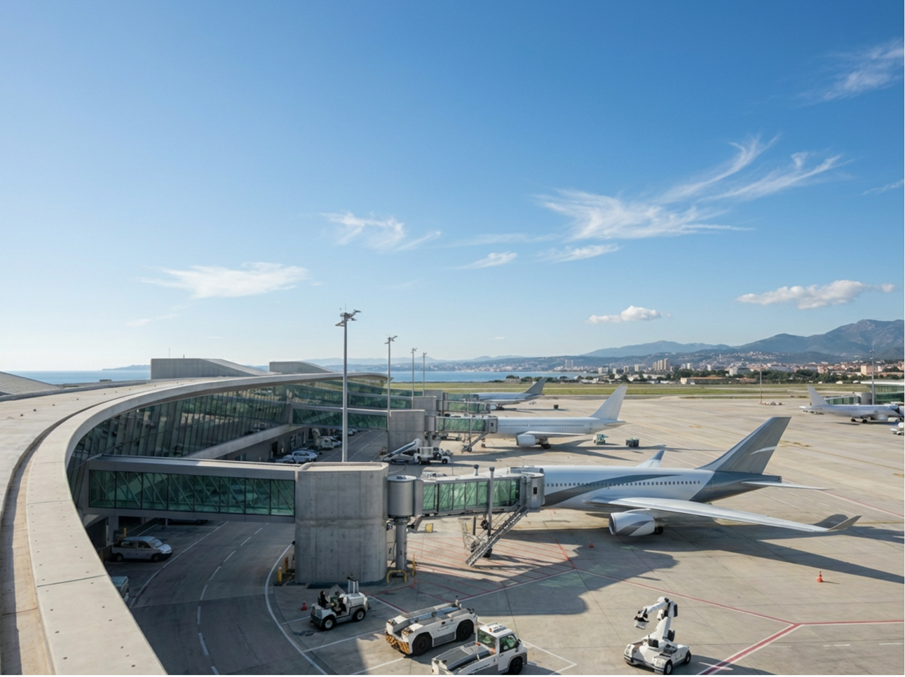 Passenger airplanes parked at the airport gate with jet bridges, airport vehicles, and a clear blue sky, mountains and cityscape in the background.