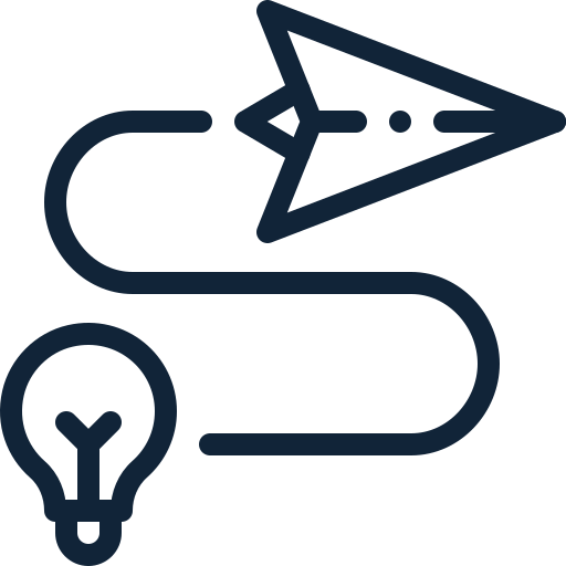 Icon of a paper airplane, a light bulb, and a winding path, representing ideas and creativity.