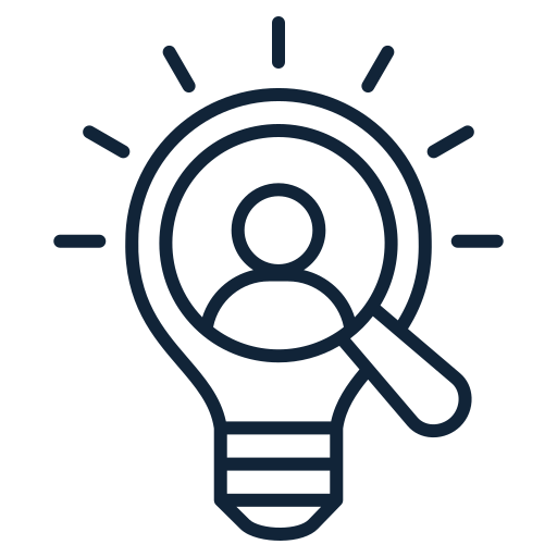 Lightbulb icon with a person silhouette and a magnifying glass, representing ideas and search or discovery.