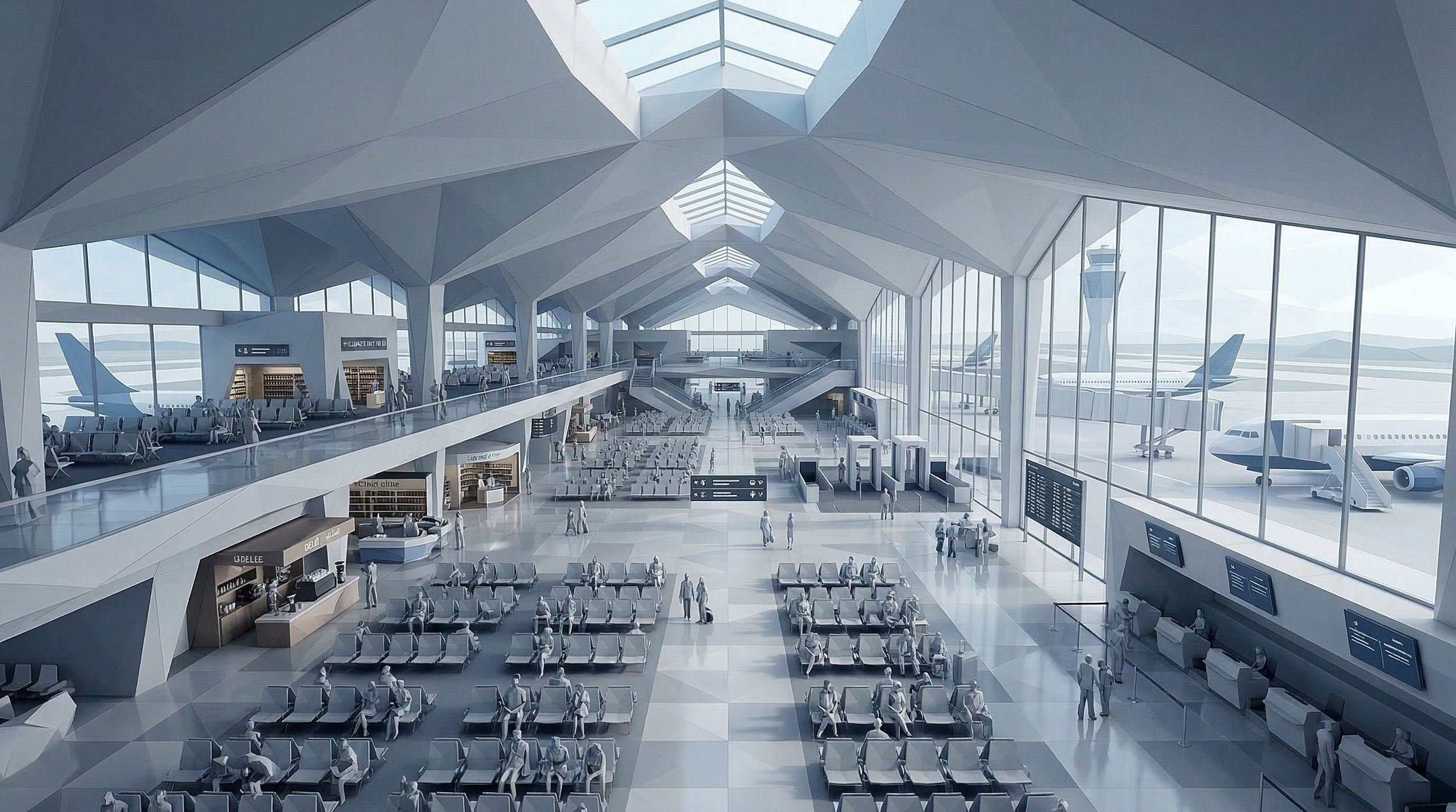 Digital rendering of a modern airport terminal with large glass windows, seating areas, and airplanes outside, with an overall sleek and futuristic design.