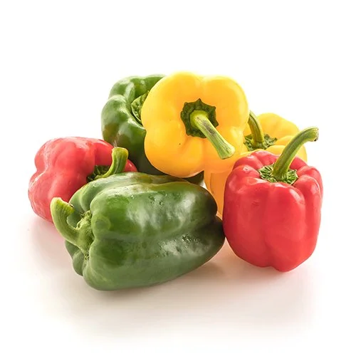 Six sweet (bell) peppers in yellow, red and green