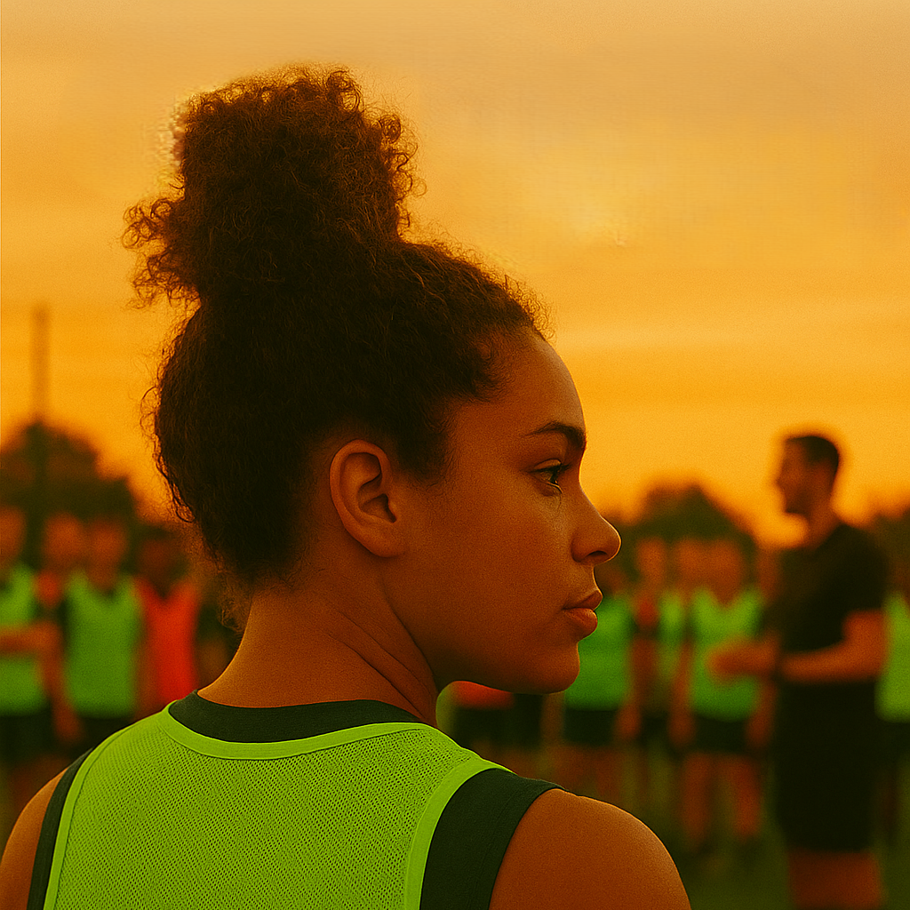 A female athlete with curly hair tied up, wearing a bright yellow sports jersey, standing on a field at sunset with other players and a coach in the background.