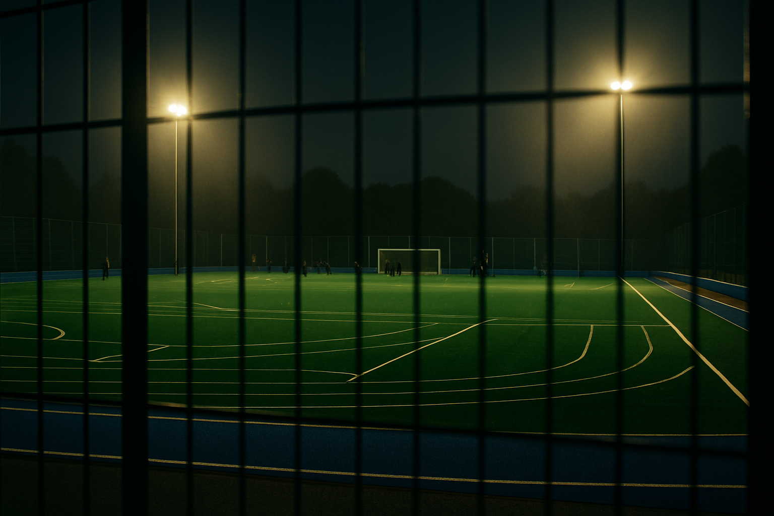 Nighttime view of an outdoor sports court, seen through a fence, illuminated by tall floodlights, with people in the background.