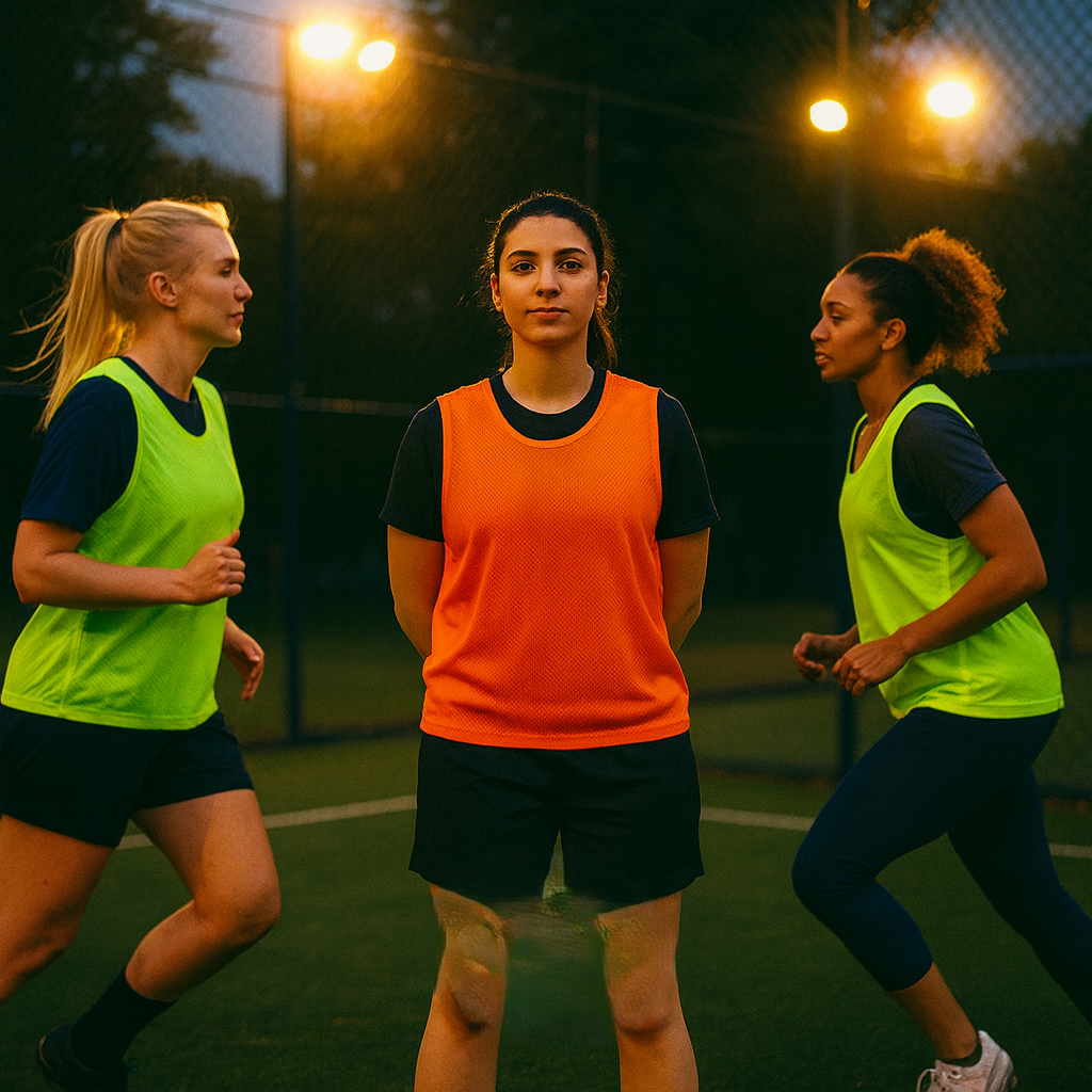 Three women playing soccer on a field during evening, two wearing yellow pinnies and one in an orange pinnie, with lights shining overhead.