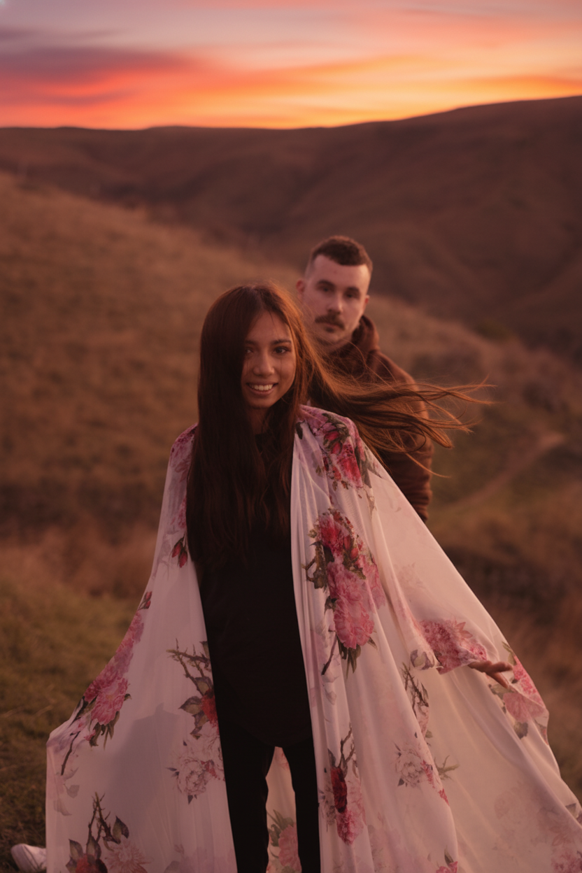 A woman with long dark hair smiling at the camera, wearing a floral cape, standing outdoors during sunset with rolling hills in the background. A man with short hair and a mustache stands behind her, looking at her.
