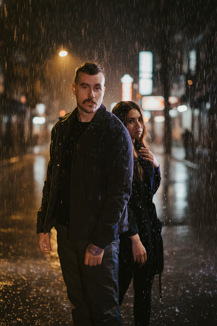 A man and woman standing back to back in the rain on a city street at night, illuminated by streetlights and neon signs.