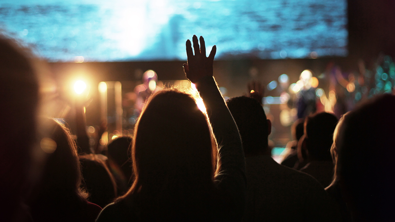 Silhouette of a person raising their hand among a crowd watching a concert or performance with a bright stage background and blurred audience.