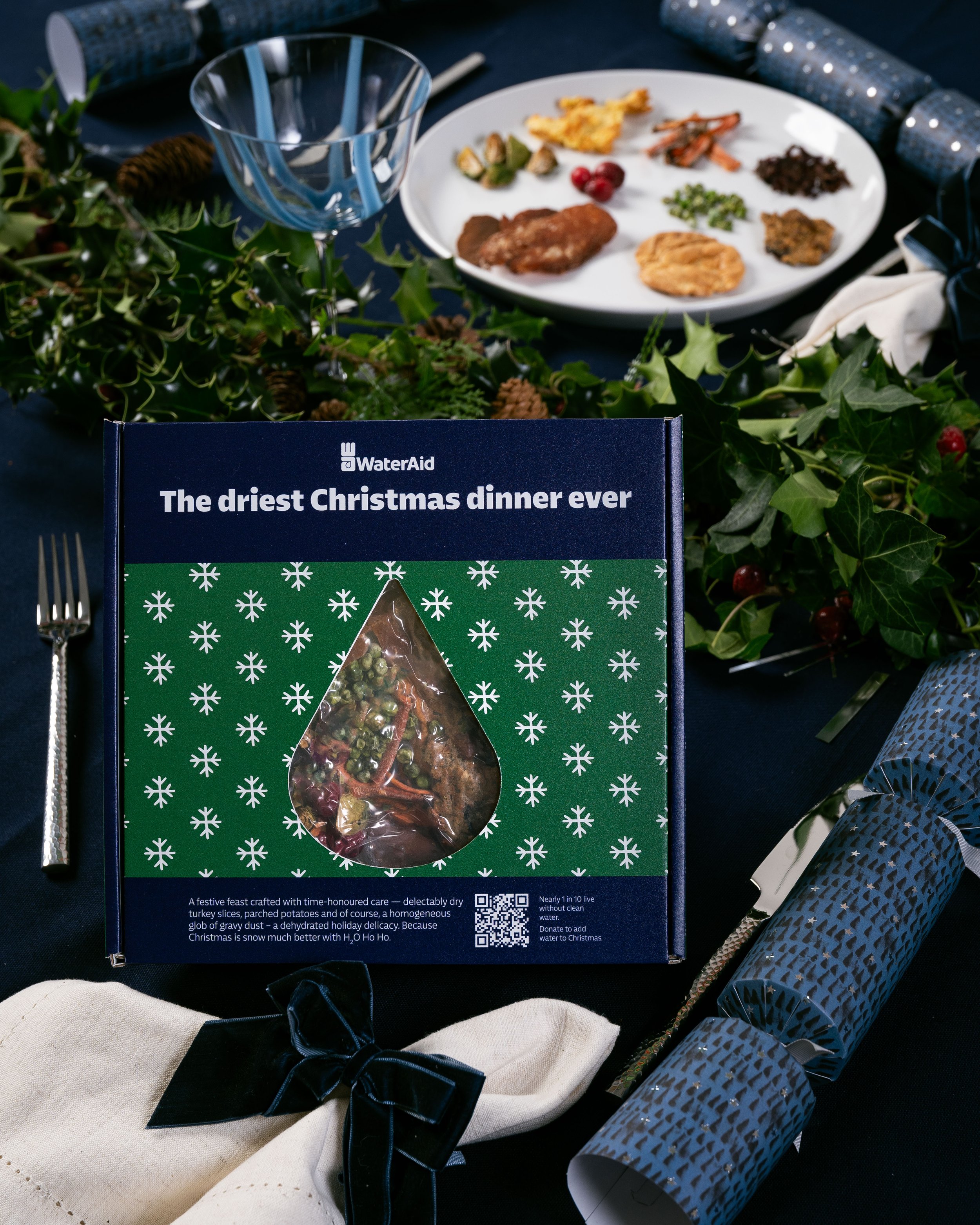 The packaged up dehydrated Christmas Dinner Mischief PR created for WaterAid, to highlight water scarcity at Christmas.