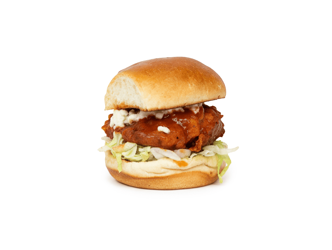 Slip Sliders Buffalo & Blue sandwich with crispy fried chicken tossed in buffalo sauce, blue cheese, and lettuce.
