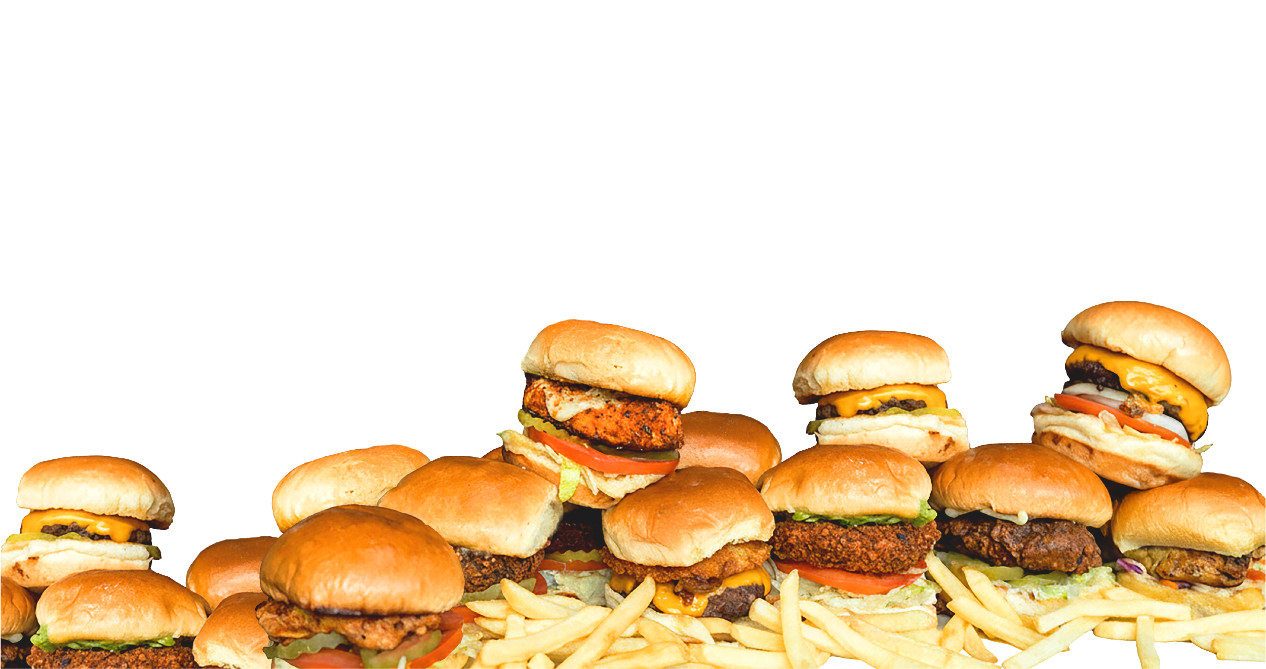 A variety of Slip Slider burgers and fries stacked on a flat surface.