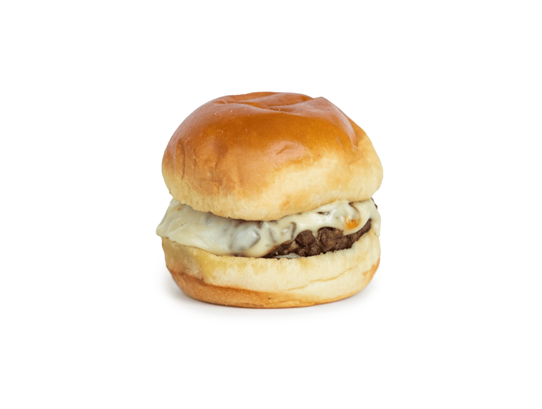 Slip Sliders Swiss Miss cheeseburger made with mushrooms, Swiss cheese, caramelized onions, and mayo.