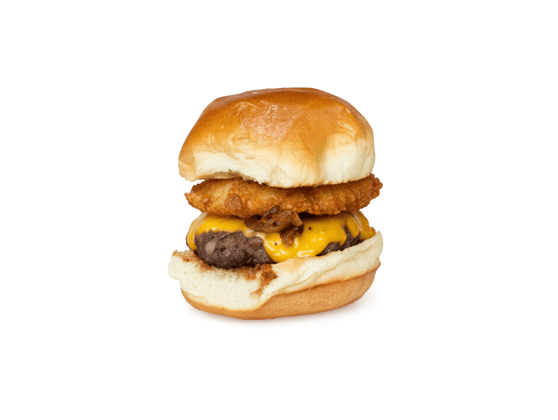 Slip Sliders Hickory Dickory cheeseburger made with bacon, cheddar cheese, onion rings, and hickory bbq sauce.