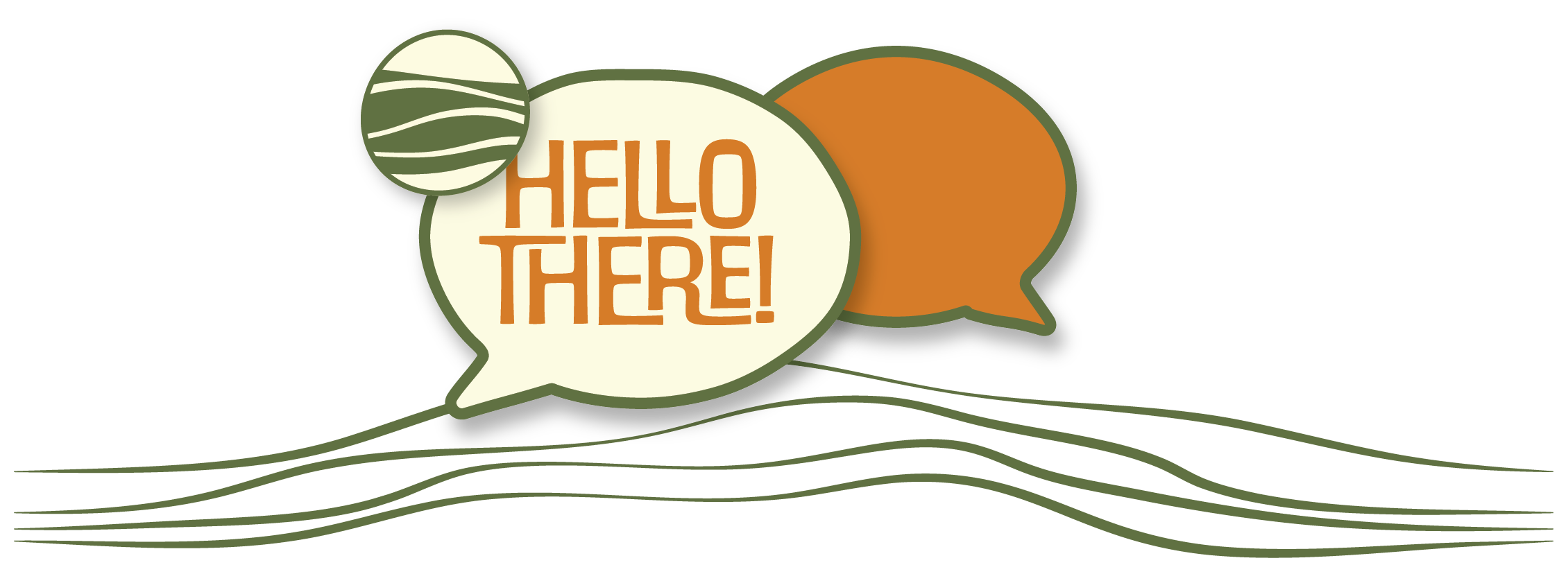 Speech bubbles with the text 'Hello There!' in orange, supported by a green leaf design, on a black background.