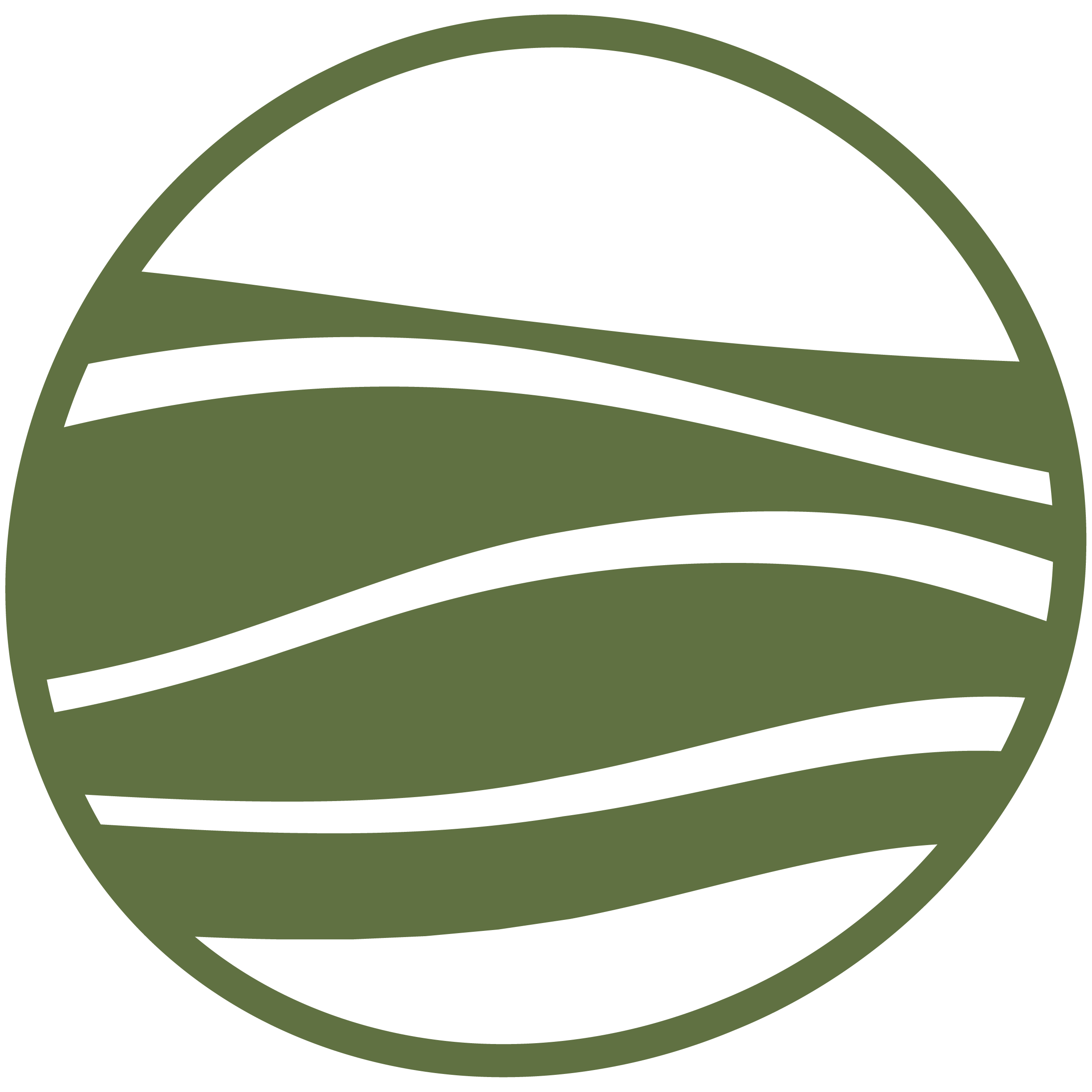 Minimalist illustration of a stylized landscape within a circular frame, featuring abstract curved lines representing fields or hills in shades of green and black.
