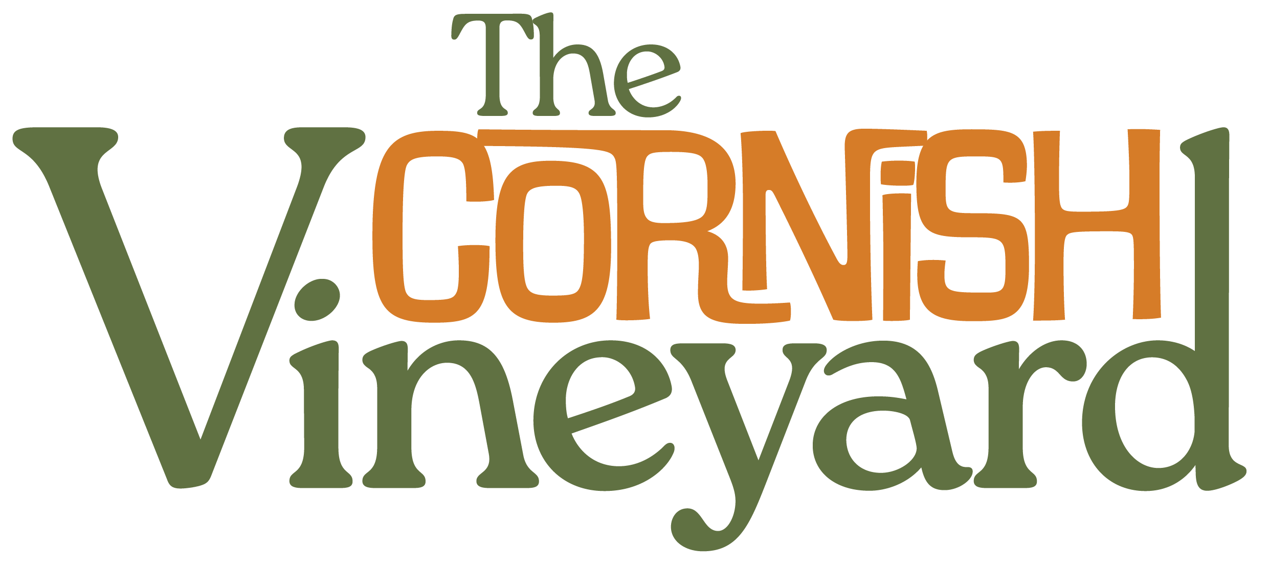 Text graphic reading 'The Cornish Vineyard' in stylized font with green and brown colors.