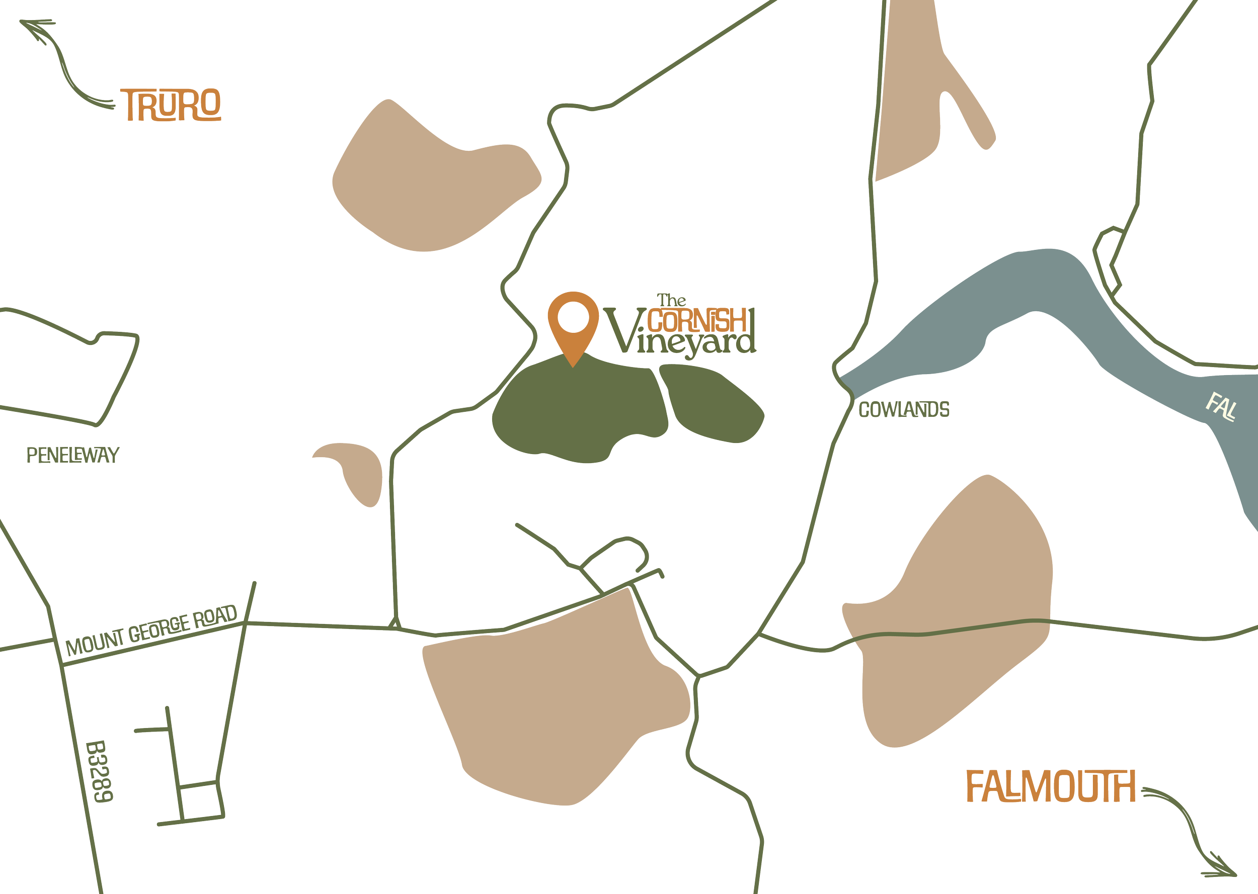 Map showing the location of The Cornish Vineyard, with nearby roads Mount George Road, Peneleway, and B3299, along with Cowlands and Fal River nearby.