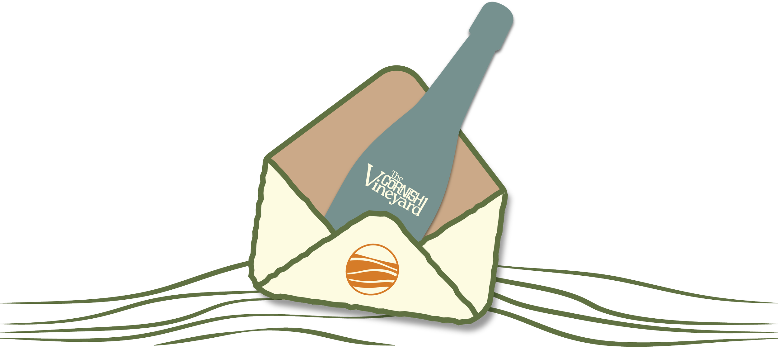 Illustration of a white envelope with green outline, containing a blue wine bottle labeled 'The Cornish Vine Yard' and a beige paper, resting on a white surface with green wavy lines.