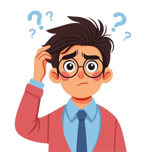 Cartoon boy with glasses looking confused, scratching his head with question marks around him.