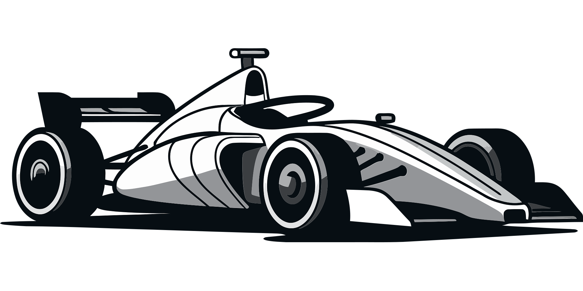 Black and white digital illustration of a Formula 1 race car facing slightly to the right, with aerodynamic design, large rear wing, and open wheels.