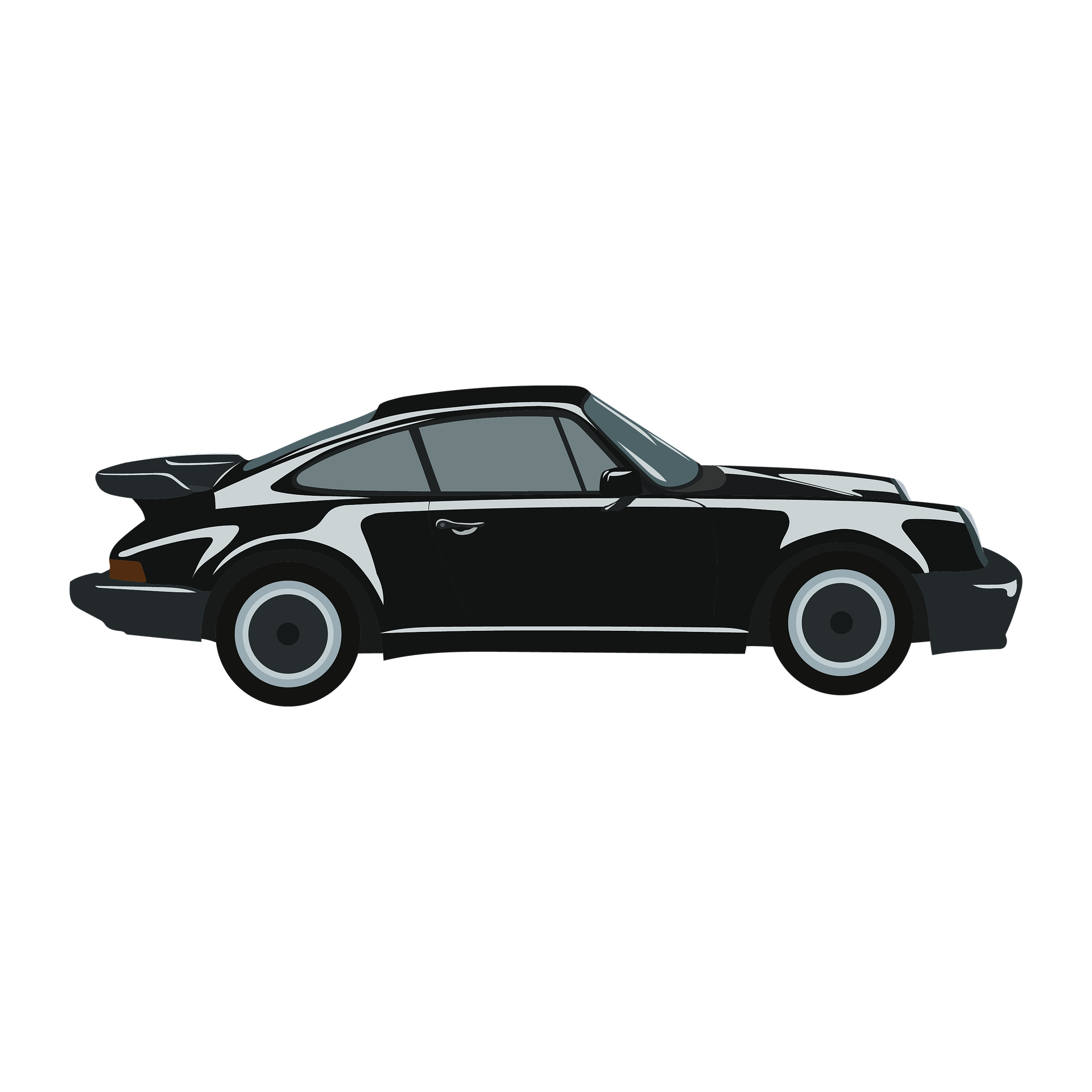 A black sports car with a streamlined design, gray windows, and white accents, positioned horizontally against a black background.