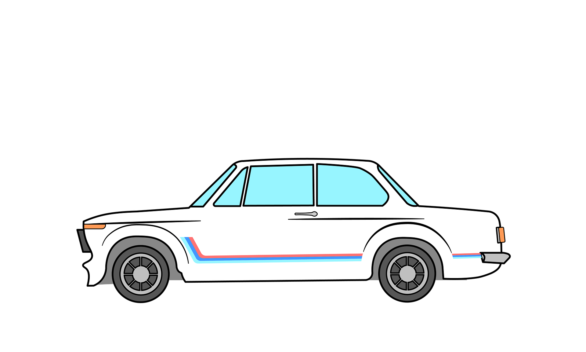 A white vintage car with light blue windows and racing stripes in red, blue, and light blue, parked against a black background.