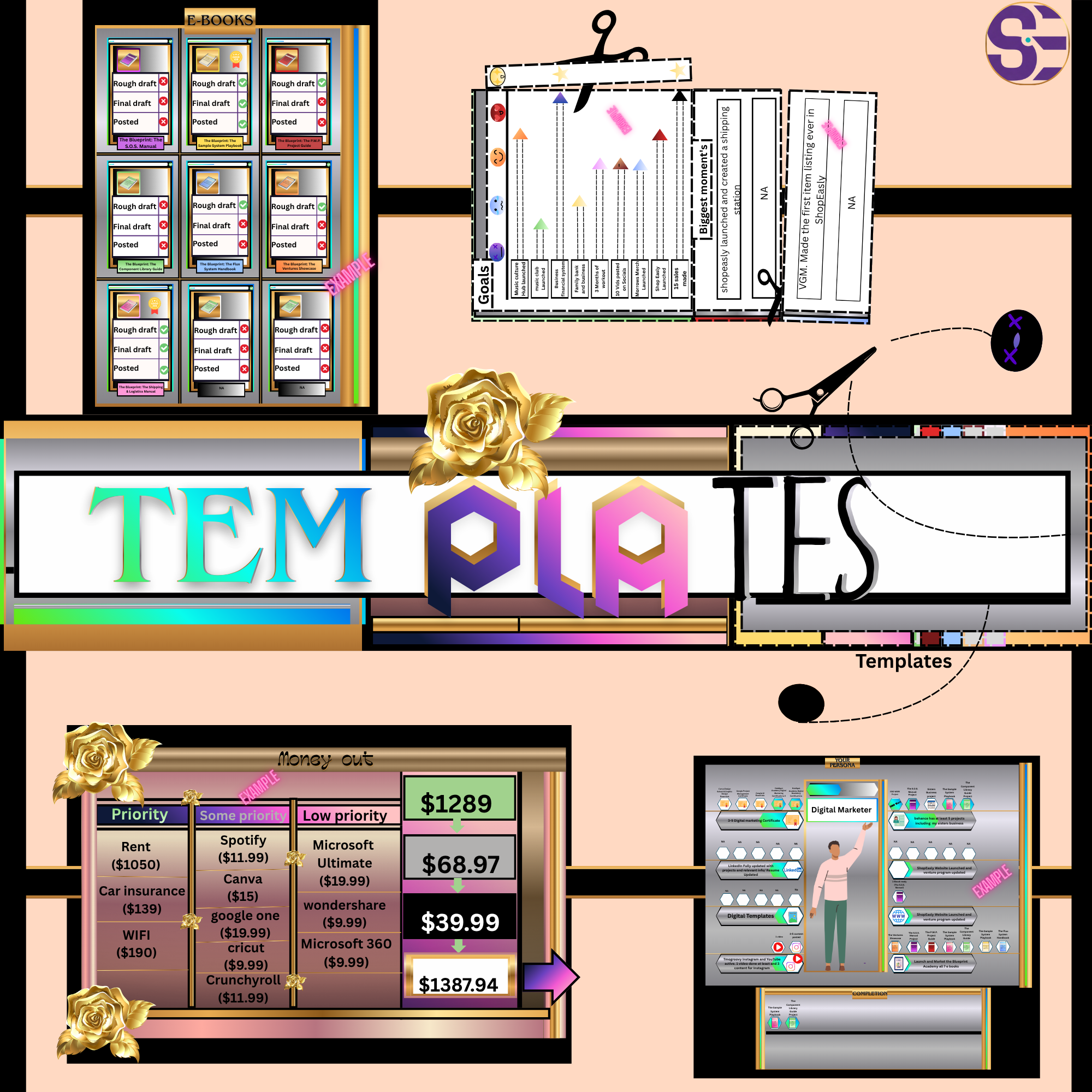 A colorful digital collage of templates with various charts, graphs, and lists related to topics like e-books, goals, templates, and money management. Features decorative gold roses, scissors, and icons indicating sample content.
