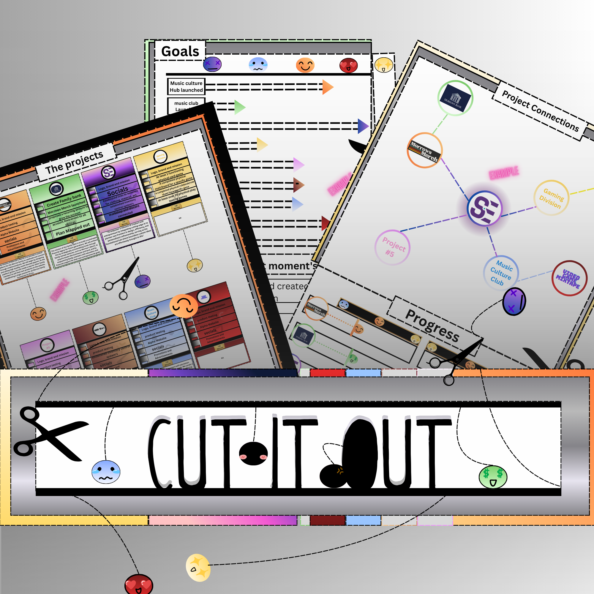 A graphic collage of colorful digital planning and project management charts with icons, charts, progress bars, and text, overlaid with scissors cutting a banner that reads 'CUT OUT' with emoticon faces.