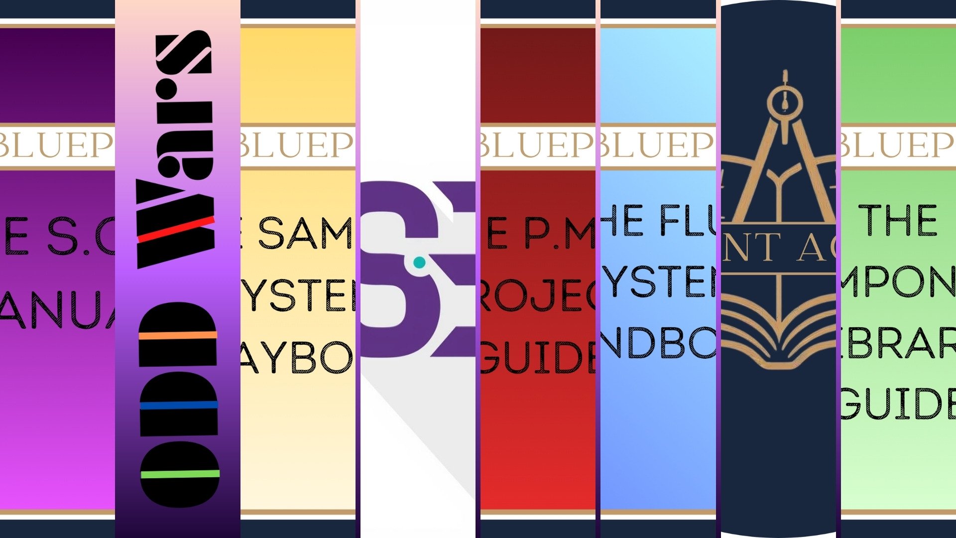 Multiple colorful vertical banners displaying text, including 'Bluep', 'Guides', and 'The Important Amazon Brand Guide'.