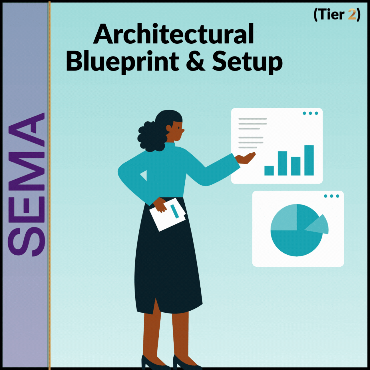 Illustration of a woman presenting data with charts and graphs on screen, titled 'Architectural Blueprint & Setup,' labeled as Tier 2, with a vertical 'SEMA' text on the left.