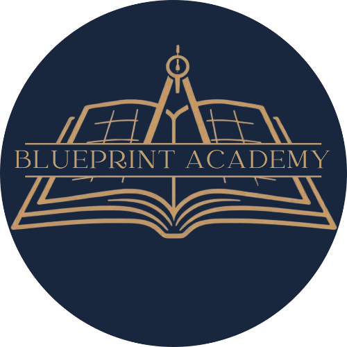 A logo of blueprint academy featuring a compass over an open book with grid lines, on a dark blue circular background.