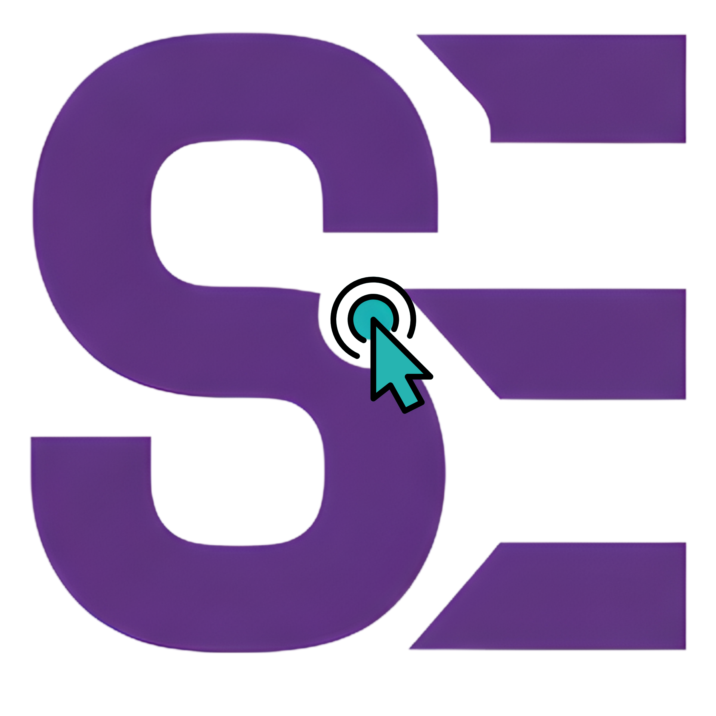 A graphic with large purple letters 'S' and 'E' interconnected, overlaid with a cursor icon clicking on a circular area at the center of the letter 'S'.
