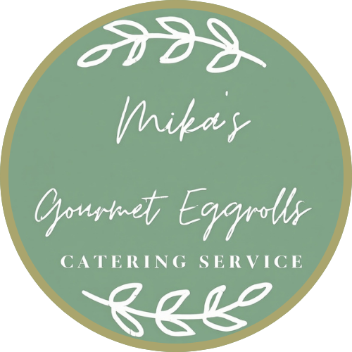 Logo for Mika's Gourmet Eggrolls Catering Service with leaf designs around the text in a green and beige color scheme.