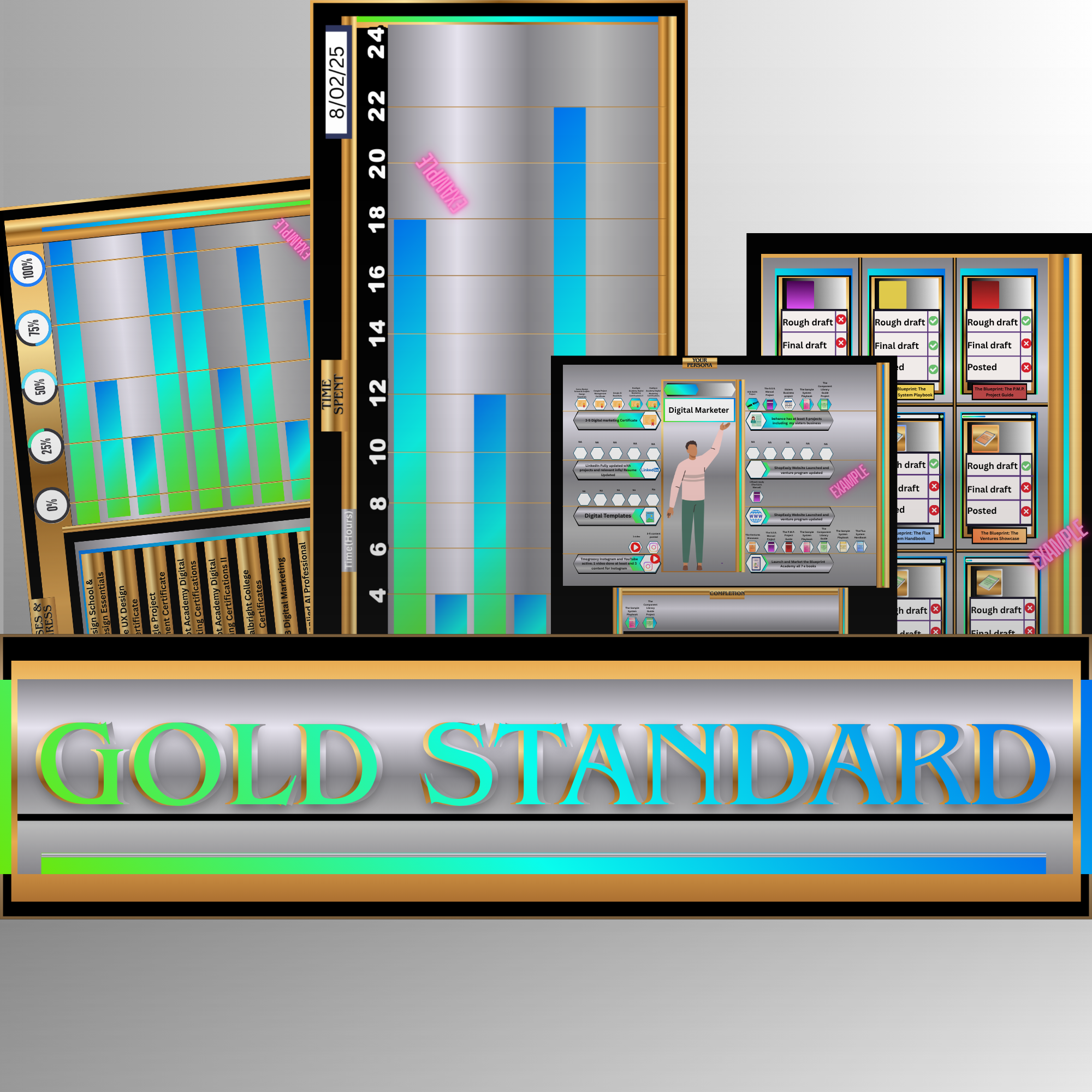 Bright digital display showing various bar charts and project management templates with the text 'GOLD STANDARD' on a sign in the foreground. The charts and templates contain labels such as 'example,' 'sample,' and status indicators like 'draft,' 'final,' and 'posted.'