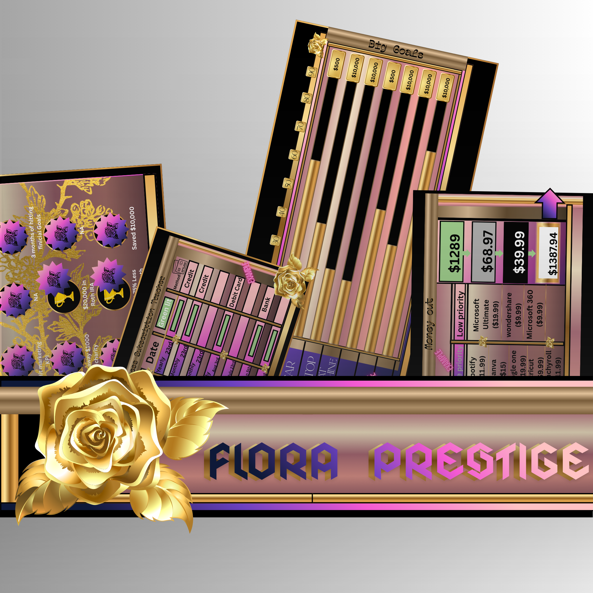 Decorative display with gold and pastel pink elements, including a large gold rose, featuring