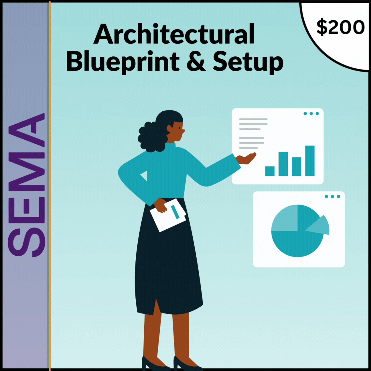 A woman in business attire holding a document and pointing at a presentation board with graphs and charts, with a label reading 'Architectural Blueprint & Setup' and a price tag of $200.