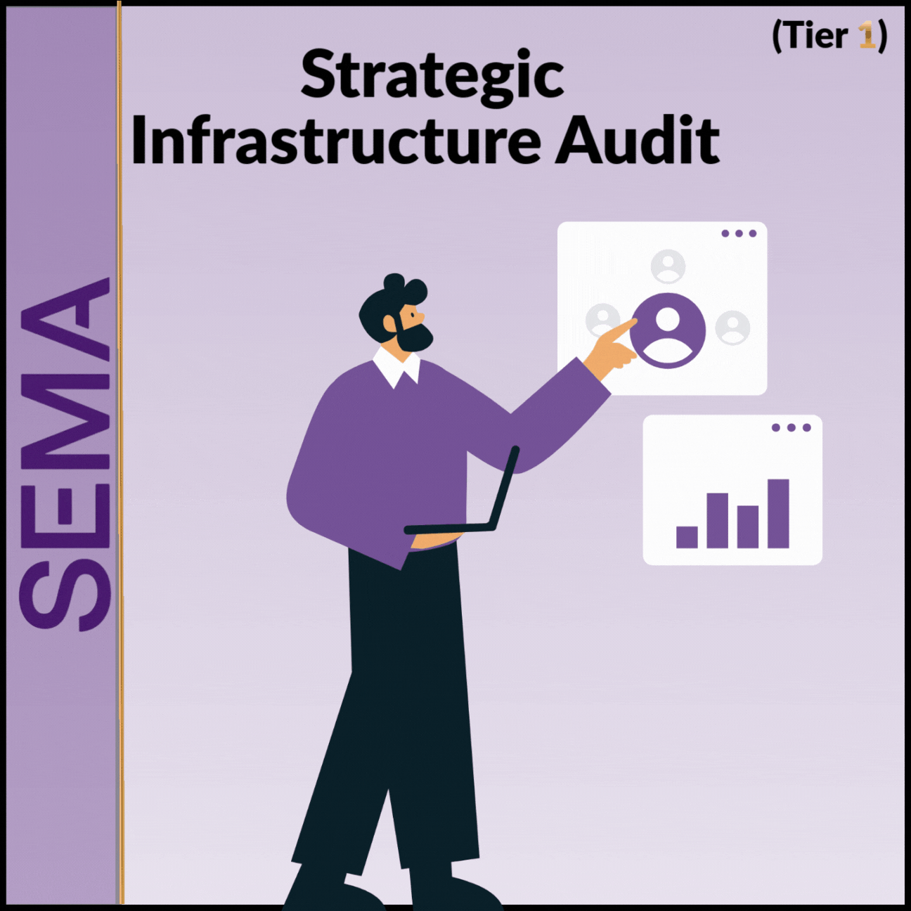 Illustration of a person with a laptop pointing at a user profile icon and bar chart, representing a strategic infrastructure audit for SaaS.