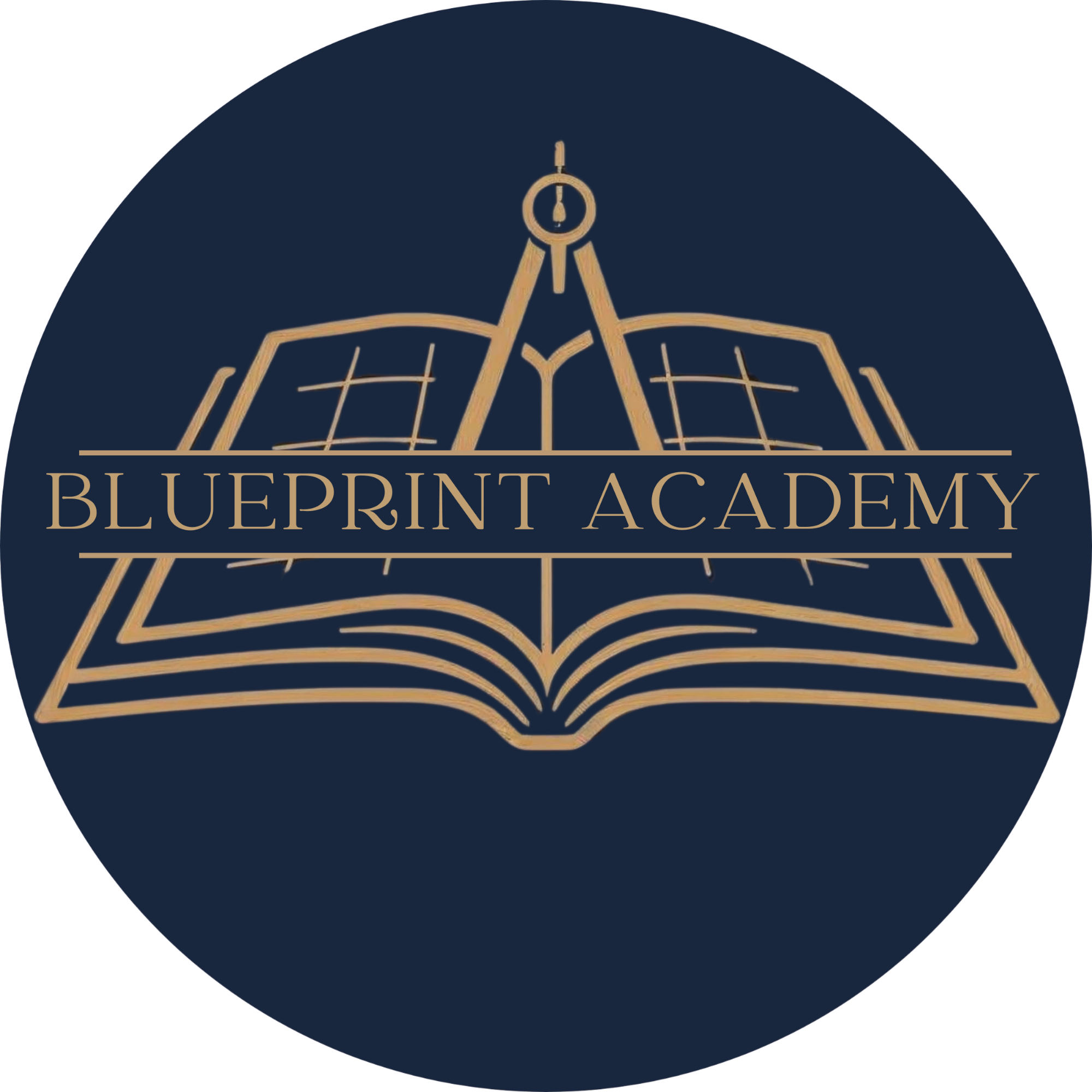 Blue circular logo with gold outline of an open book and a compass, with the words 'Blueprint Academy' written across the center.