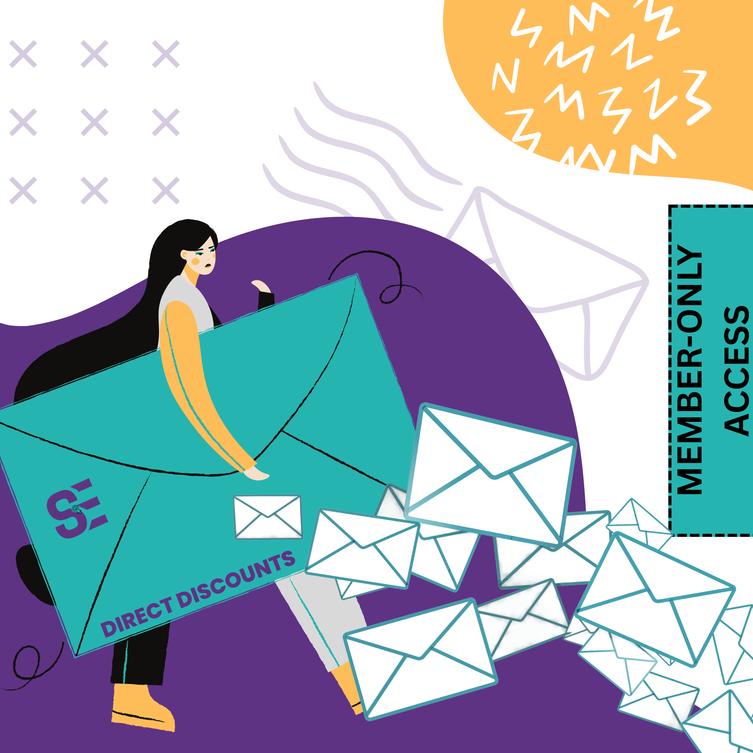 A digital illustration depicting a woman with long black hair holding an oversized envelope labeled 'Direct Discounts' with scattered smaller envelopes around her. There is a large message bubble across the right side reading 'MEMBER-ONLY ACCESS'. The background features abstract shapes and a purple ground.